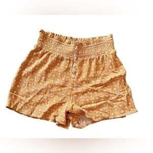 So XS super high rise button front flowy mustard yellow geometric shorts ditsy